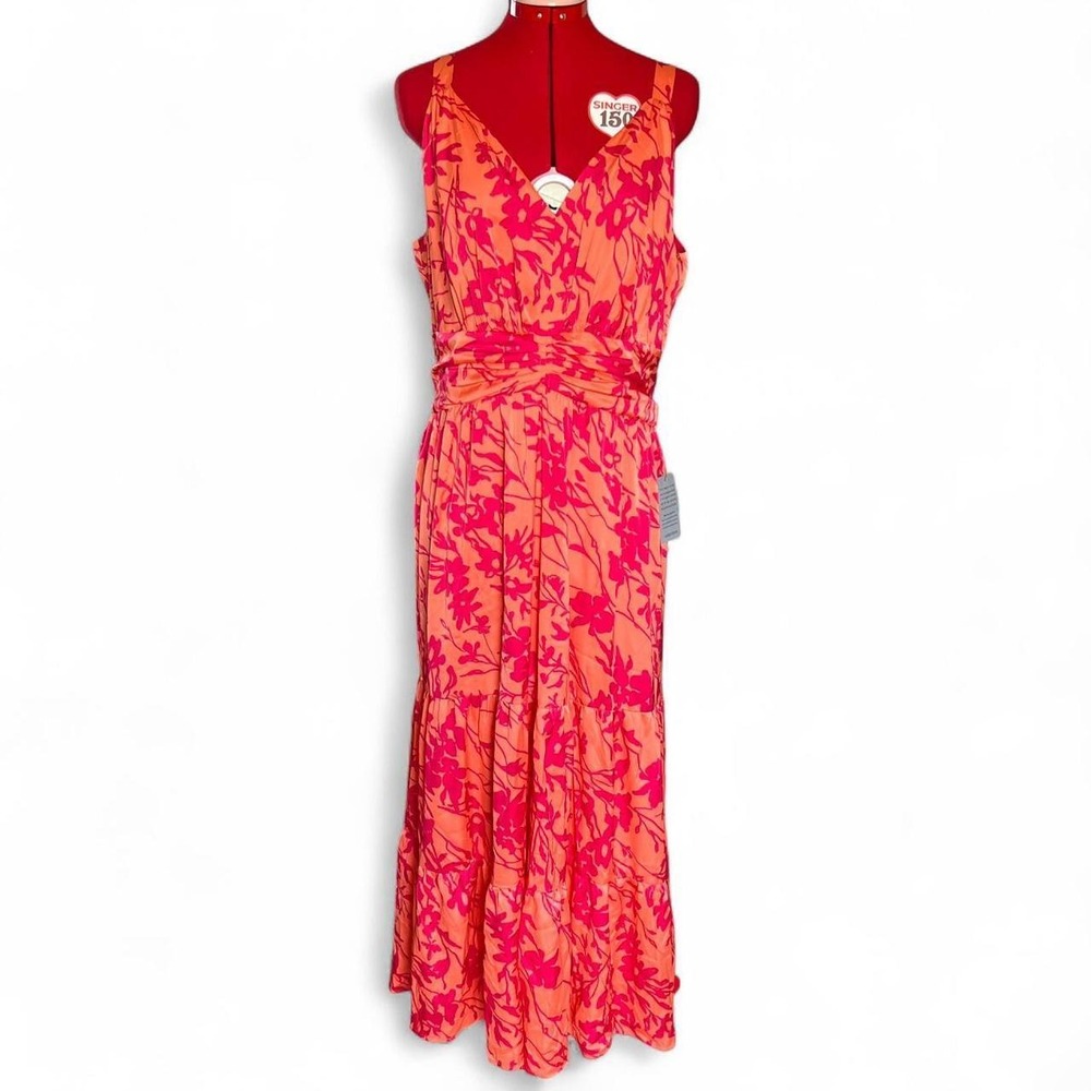 Maggy London Coral Hot Pink Ruched Waist Tiered Maxi Dress Pockets BNWT Size 14